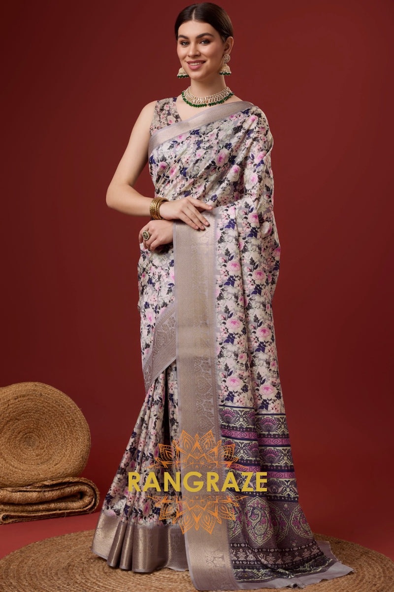 Pink White Floral Cotton Digital Print Saree With Blouse Piece