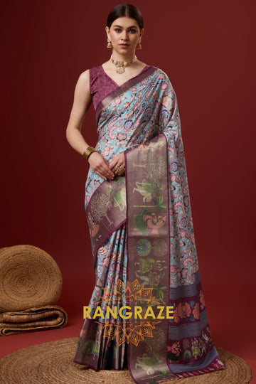 Blue Maroon Digital Print Saree With Blouse Piece