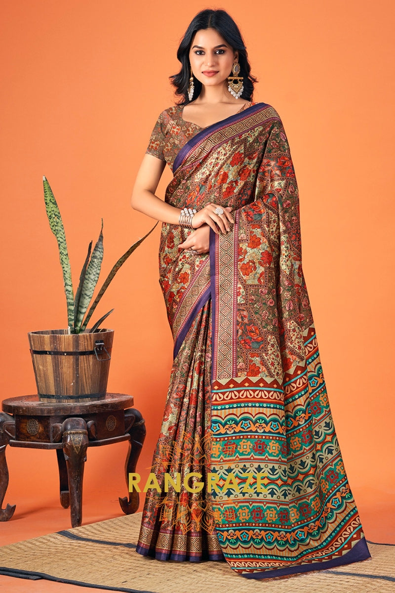 Brown Multi Shade Printed Pashmina Jamewar Saree