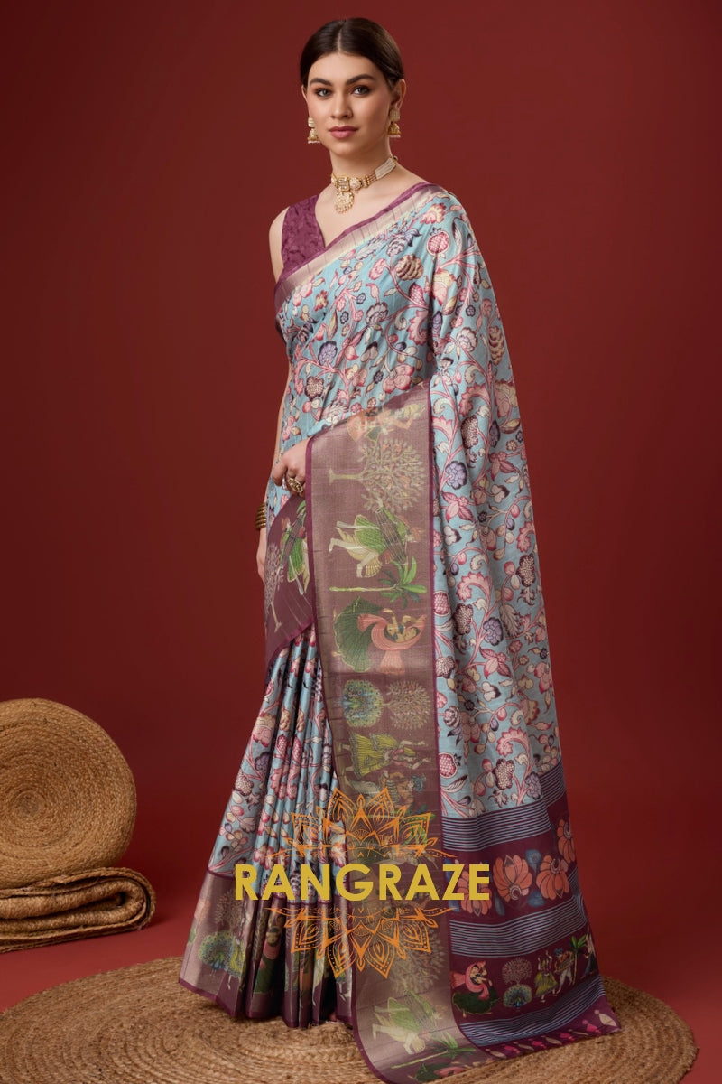 Blue Maroon Digital Print Saree With Blouse Piece