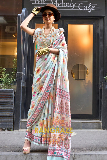 Pastel Light Blue Printed Satin Georgette Saree