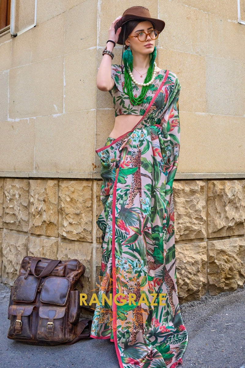 Light Peach And Green Printed Satin Georgette Saree