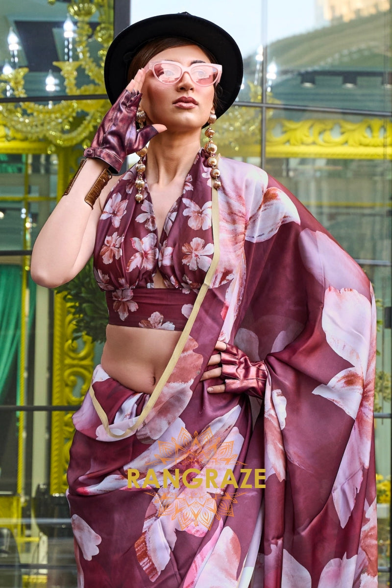 Maroon and Pearl White Printed Satin Georgette Saree