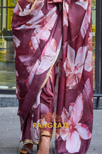 Maroon and Pearl White Printed Satin Georgette Saree