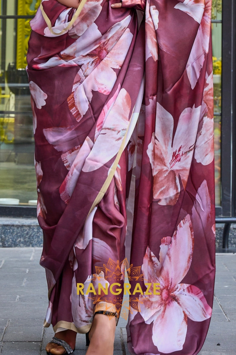 Maroon and Pearl White Printed Satin Georgette Saree
