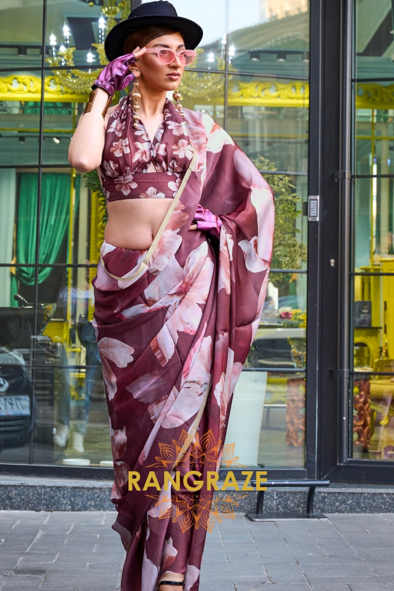 Maroon and Pearl White Printed Satin Georgette Saree