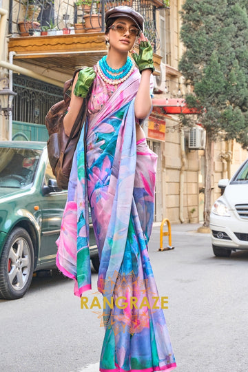 Blush Pink and Blue Printed Satin Georgette Saree