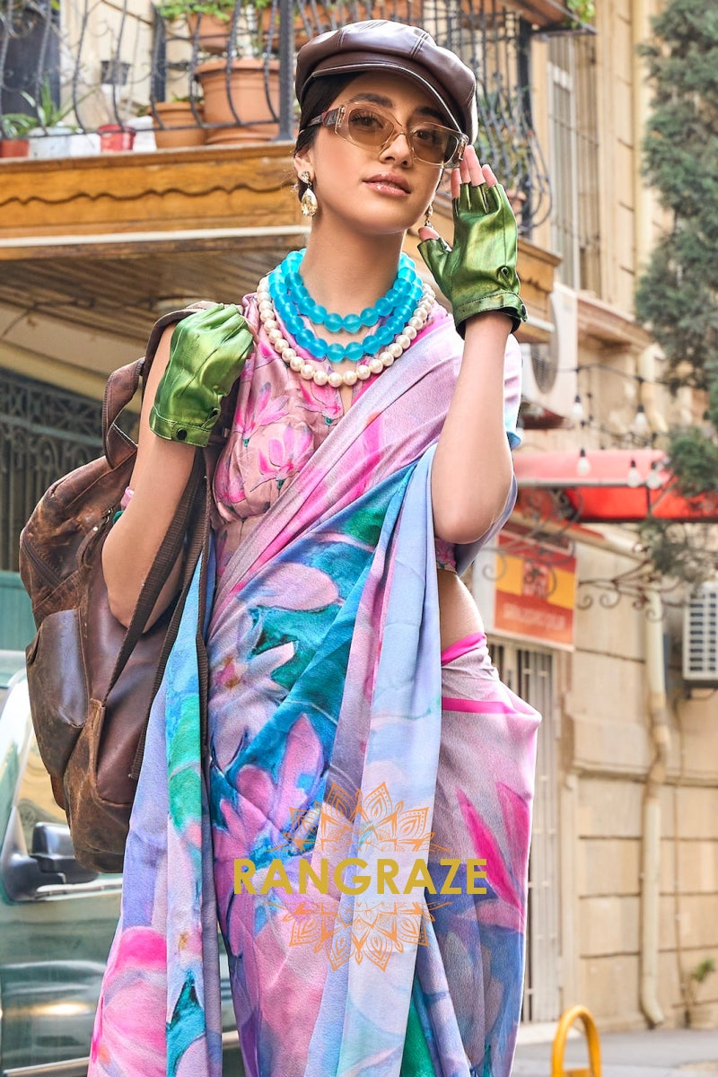 Blush Pink and Blue Printed Satin Georgette Saree