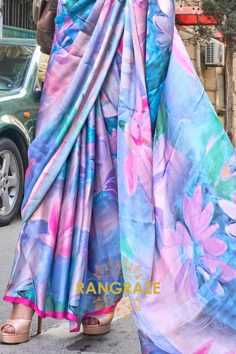 Blush Pink and Blue Printed Satin Georgette Saree