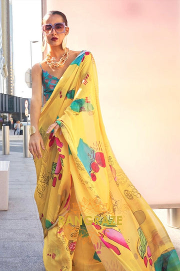 Yellow and Aqua Blue Printed Satin Georgette Saree