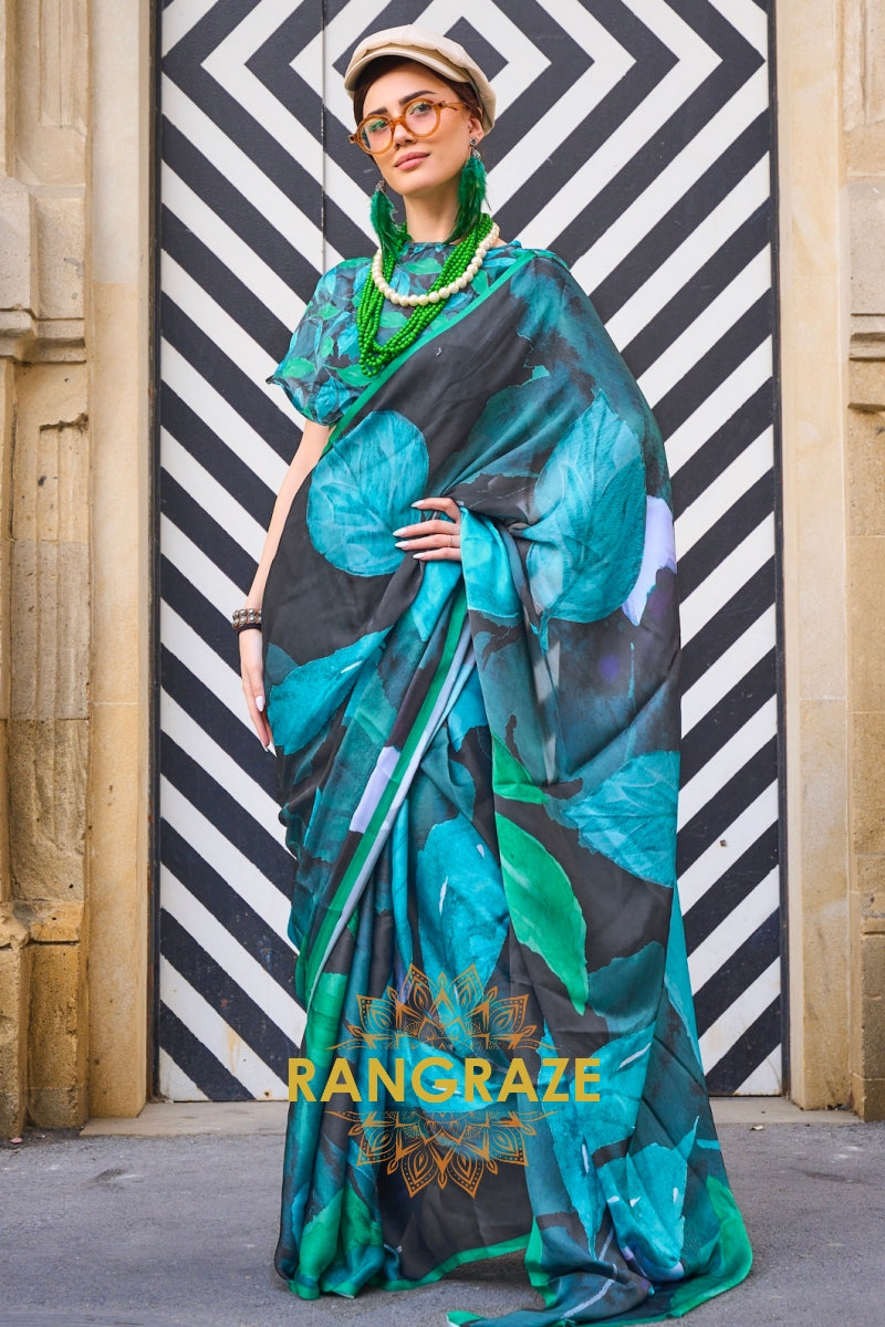 Turquoise and Black Printed Satin Georgette Saree