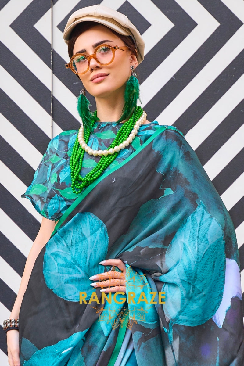 Turquoise and Black Printed Satin Georgette Saree