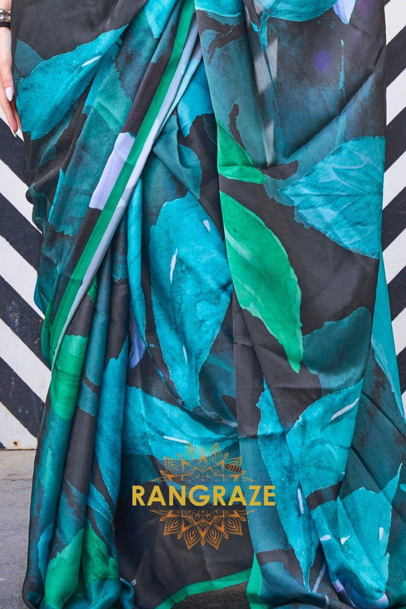 Turquoise and Black Printed Satin Georgette Saree