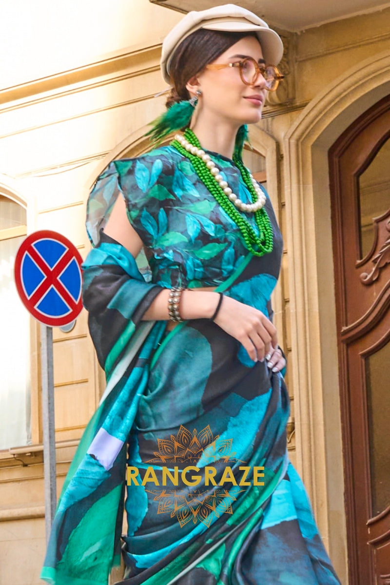 Turquoise and Black Printed Satin Georgette Saree