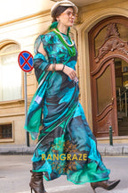 Turquoise and Black Printed Satin Georgette Saree