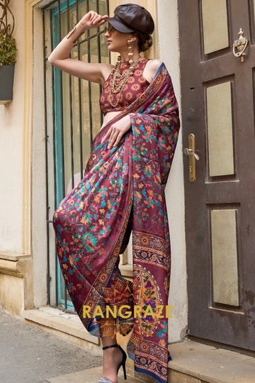 Maroon Multi color Printed Satin Georgette Saree