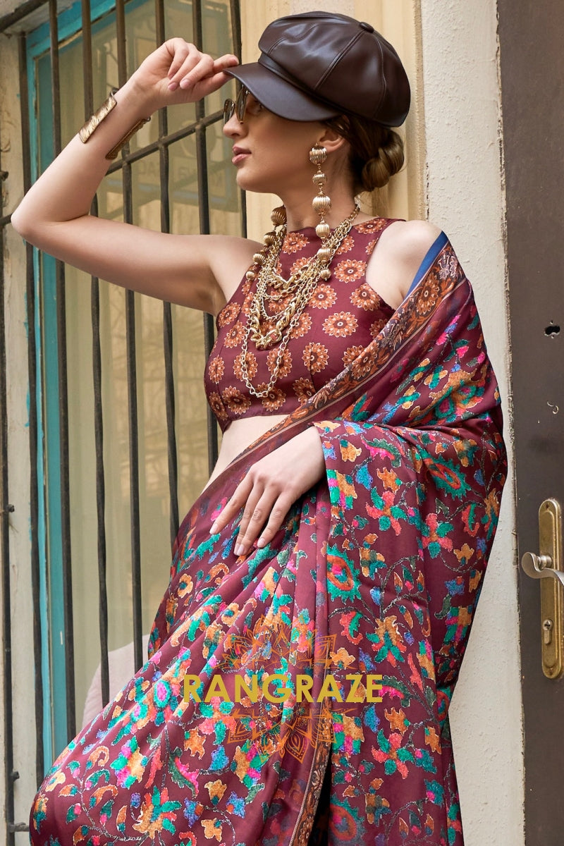 Maroon Multi color Printed Satin Georgette Saree