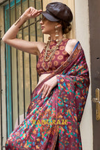 Maroon Multi color Printed Satin Georgette Saree