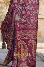 Maroon Multi color Printed Satin Georgette Saree