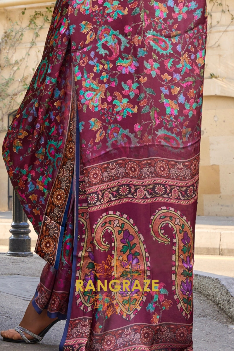 Maroon Multi color Printed Satin Georgette Saree