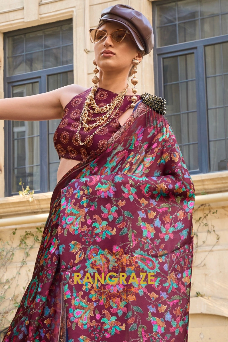 Maroon Multi color Printed Satin Georgette Saree