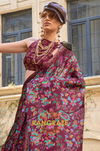Maroon Multi color Printed Satin Georgette Saree