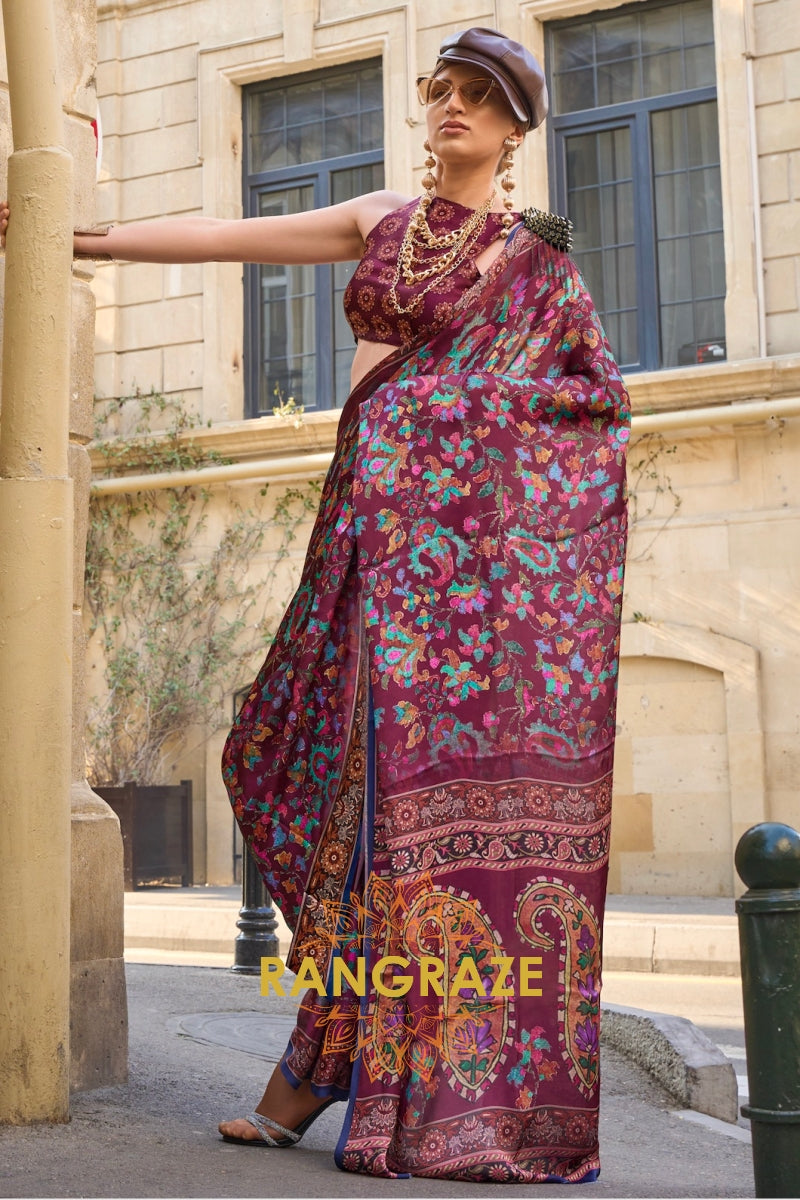 Maroon Multi color Printed Satin Georgette Saree