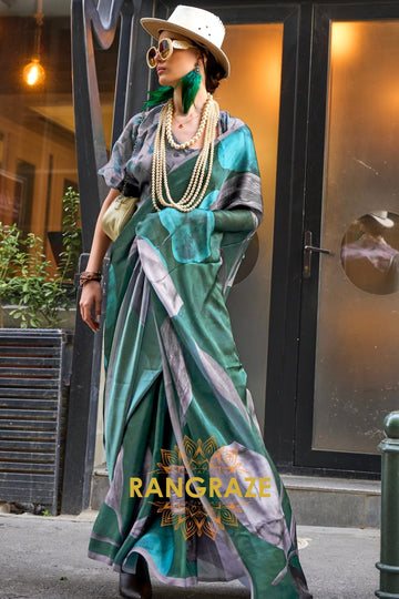 Emerald and Grey Printed Satin Georgette Saree