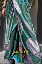 Emerald and Grey Printed Satin Georgette Saree