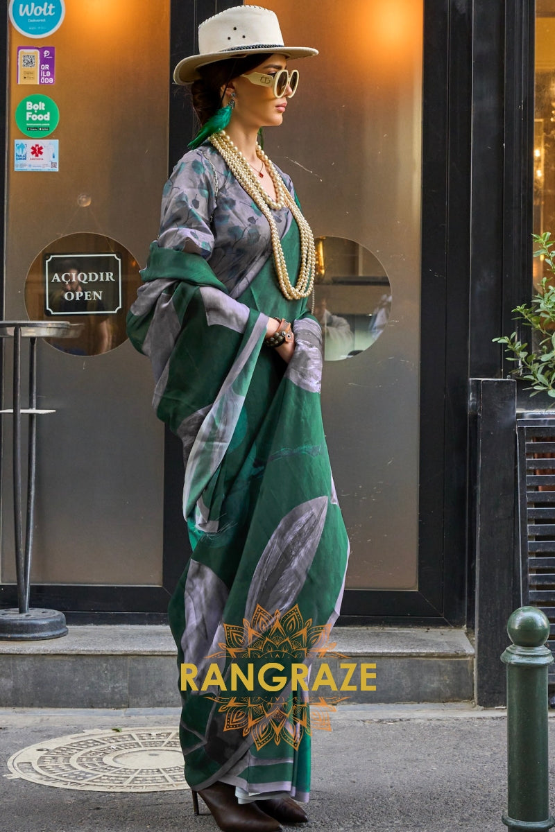 Emerald and Grey Printed Satin Georgette Saree