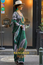Emerald and Grey Printed Satin Georgette Saree
