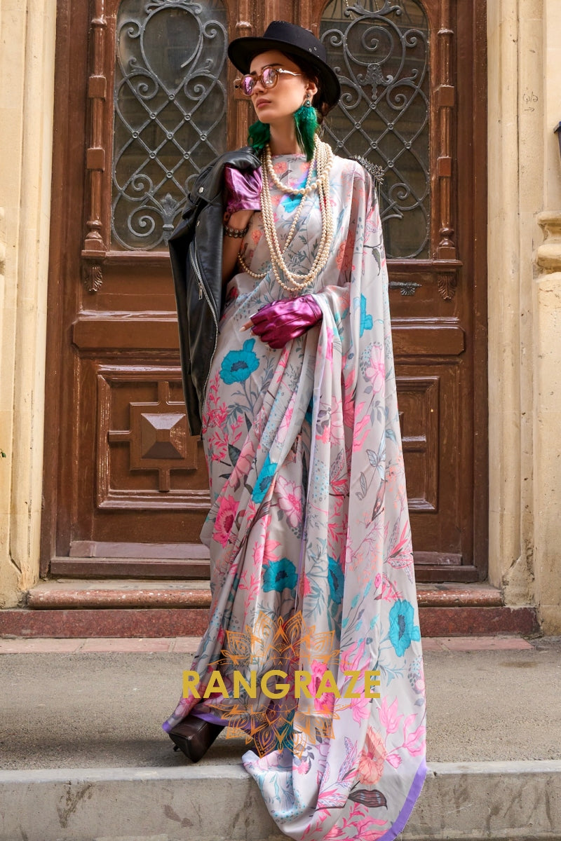 Light Grey Floral Printed Satin Georgette Saree