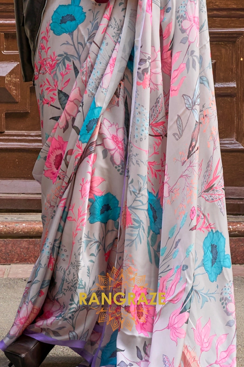 Light Grey Floral Printed Satin Georgette Saree