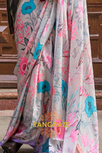Light Grey Floral Printed Satin Georgette Saree