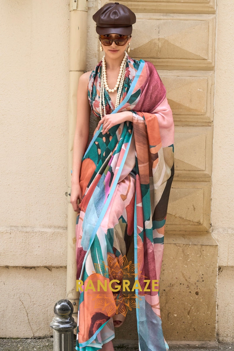 Pastel Pink and Brown Printed Satin Georgette Saree