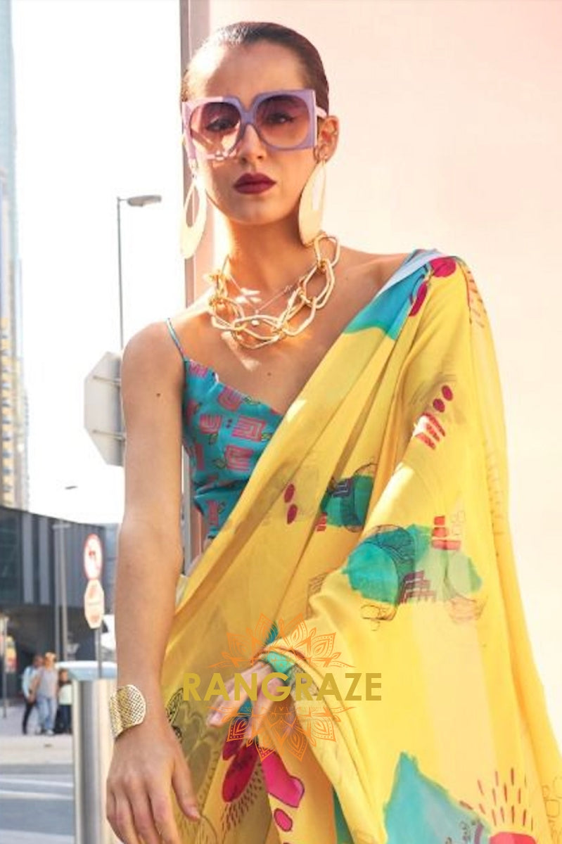 Yellow and Aqua Blue Printed Satin Georgette Saree