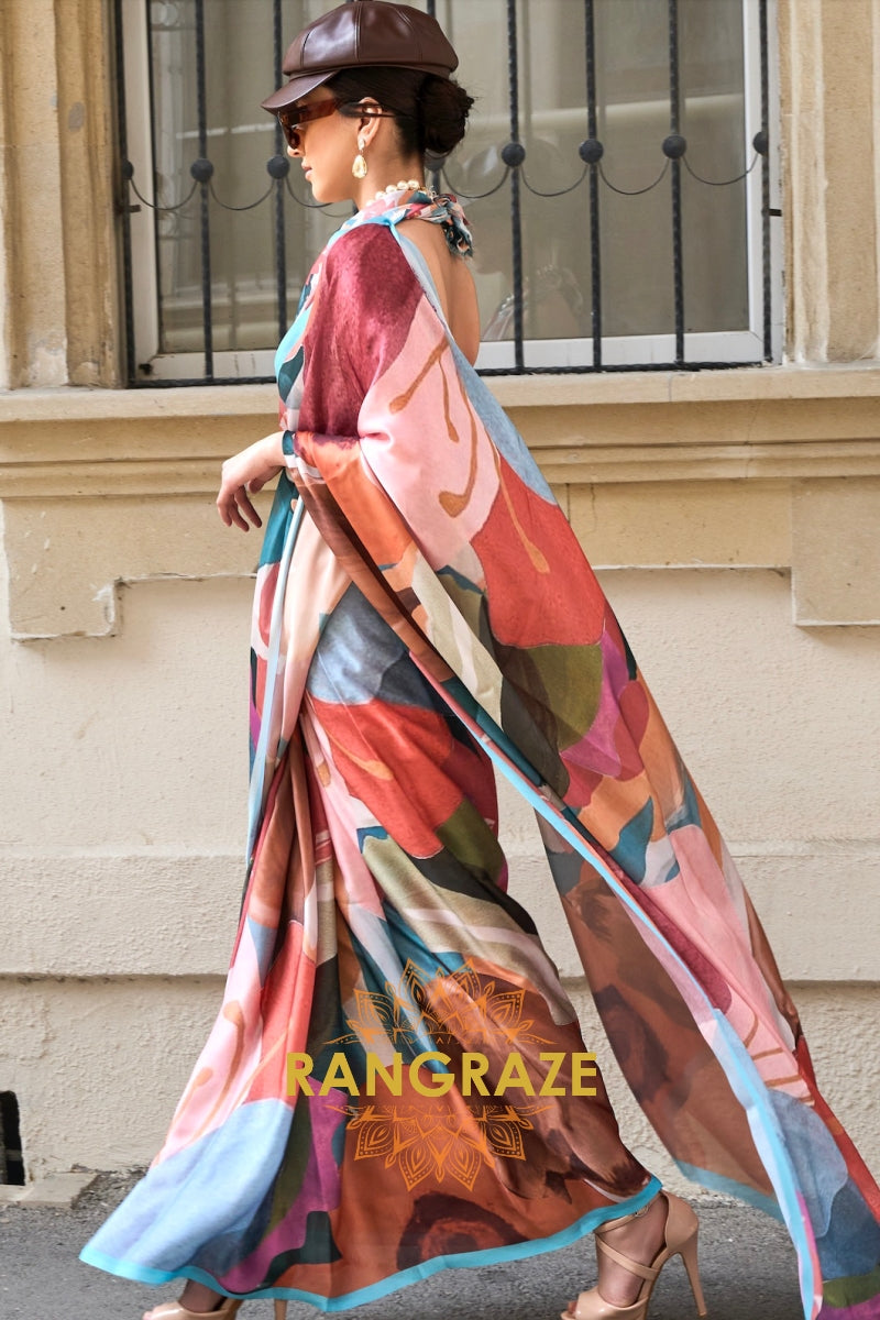 Pastel Pink and Brown Printed Satin Georgette Saree