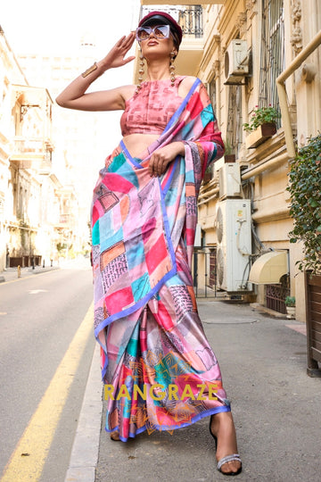 Flamingo Pink and Orchid Printed Satin Georgette Saree