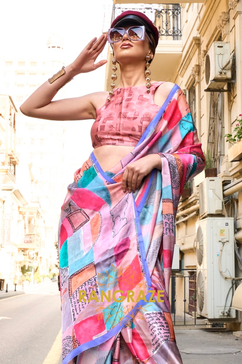 Flamingo Pink and Orchid Printed Satin Georgette Saree