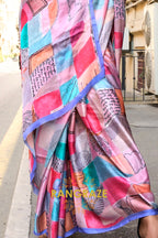 Flamingo Pink and Orchid Printed Satin Georgette Saree