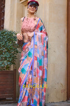 Flamingo Pink and Orchid Printed Satin Georgette Saree