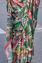 Light Peach And Green Printed Satin Georgette Saree