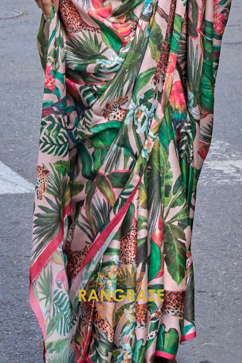 Light Peach And Green Printed Satin Georgette Saree