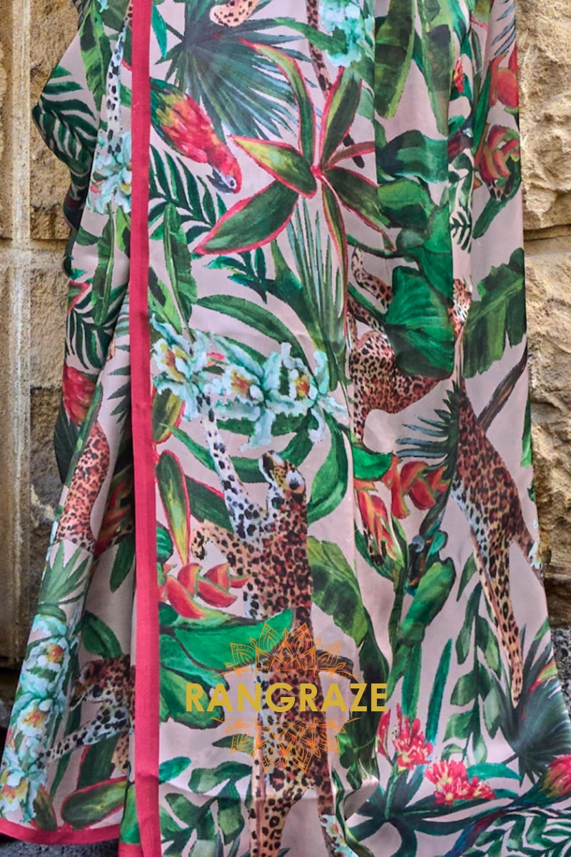 Light Peach And Green Printed Satin Georgette Saree