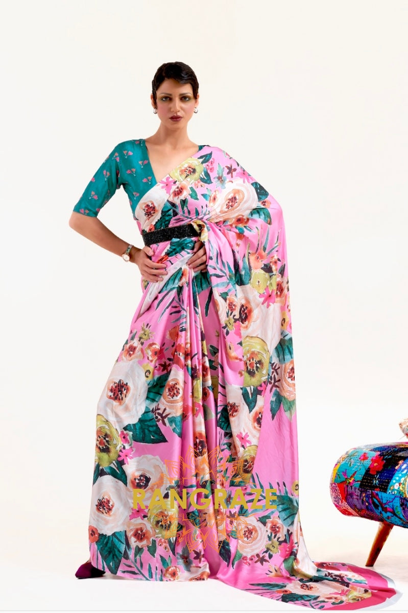 Rose Pink Blossom Printed Satin Crepe Saree