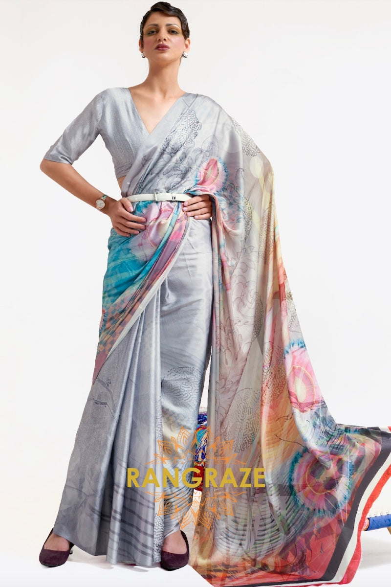 Cloudy Grey Printed Satin Crepe Saree