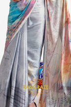 Cloudy Grey Printed Satin Crepe Saree