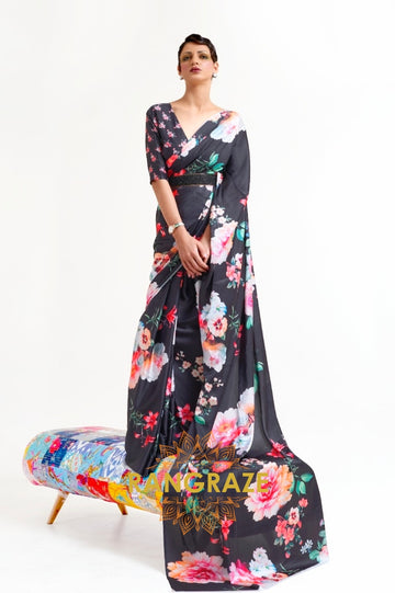 Black Blossom Floral Printed Satin Crepe Saree