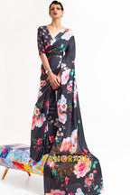 Black Blossom Floral Printed Satin Crepe Saree