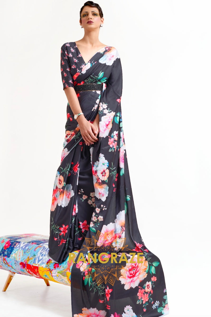 Black Blossom Floral Printed Satin Crepe Saree